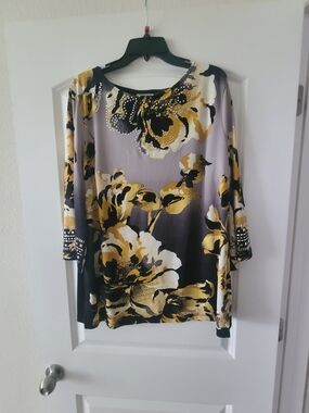 JM Collection Yellow and Black Floral Long Sleeve Top